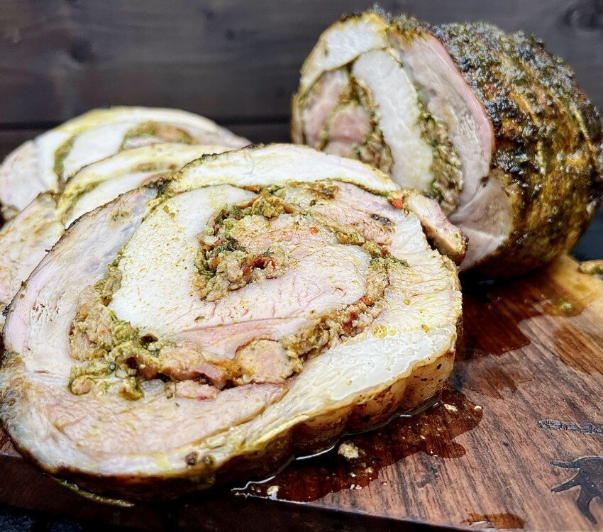 SAUSAGE, BACON AND CHIMICHURRI STUFFED PORK LOIN WITH BEER