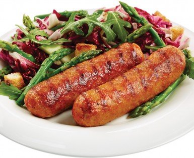 Spicy Italian sausages with mediterranean asparagus salad