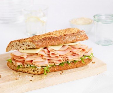 Baguette with slowly cooked ham and honey mayonnaise