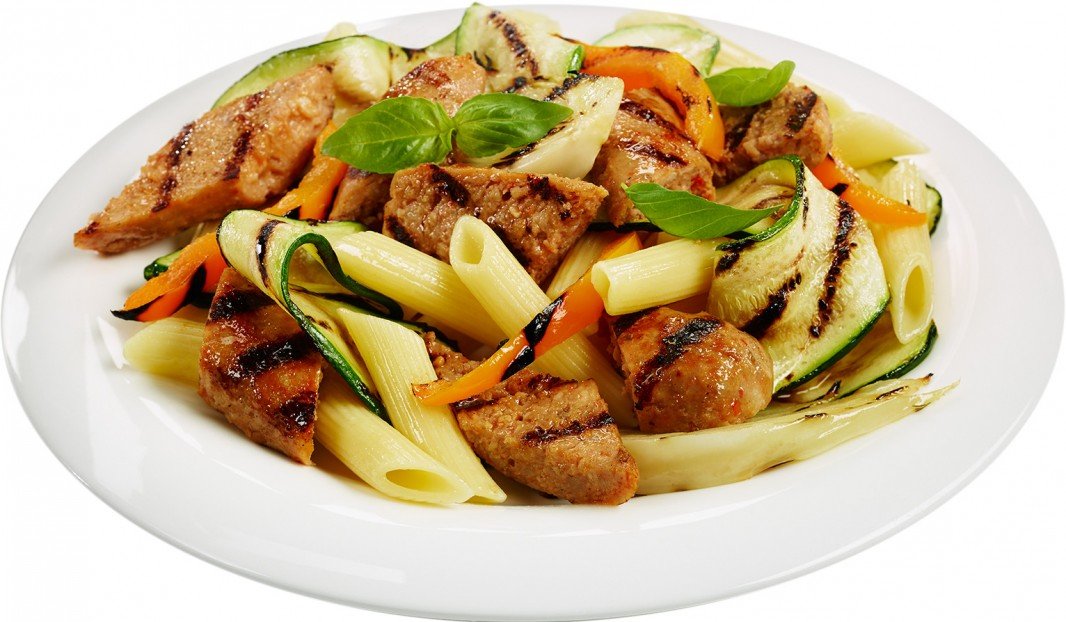 Penne with Italian Sausages and Grilled Vegetables