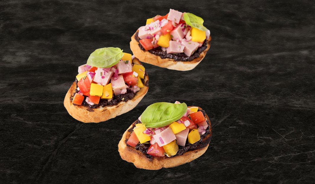 Ham and Bruschetta Crostini with Black Garlic