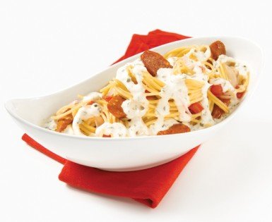 Spaghettis à la saucisse Merguez, aux palourdes et au Boursin