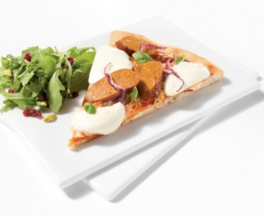 Thin crust pizzas with Italienne sausage and Boursin