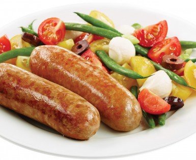 Mild Italian sausages with vegetable and mini bocconcini salad