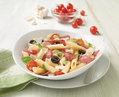 Penne with salami, basil and parmesan