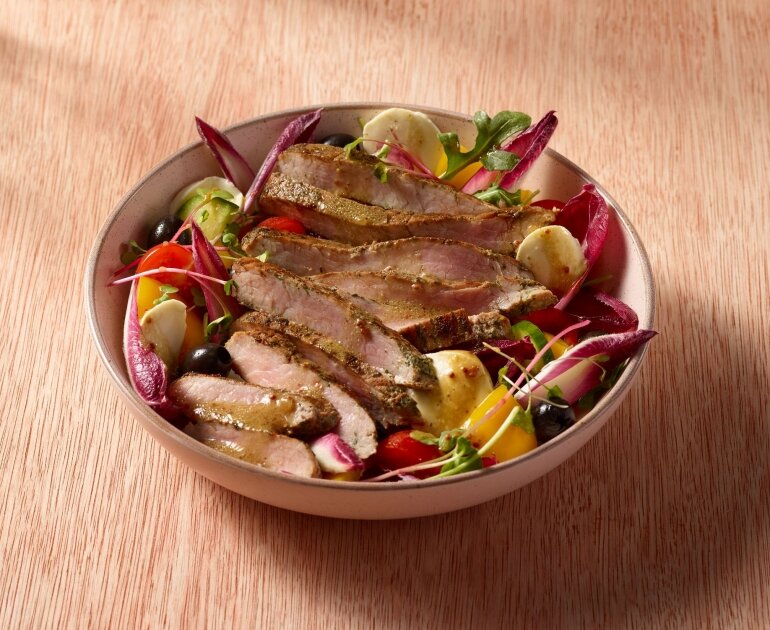Grilled Chimichurri Pork Flank Steak with and Italian Salad