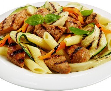 Penne with Spicy Italian sausages and grilled vegetables