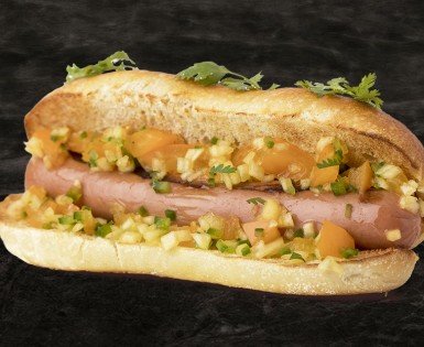 Jumbo hot dog with salsa cruda