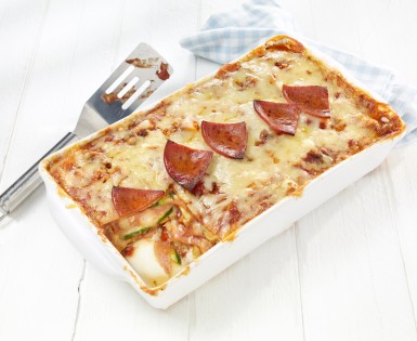 Lasagna with zucchini and pepperoni