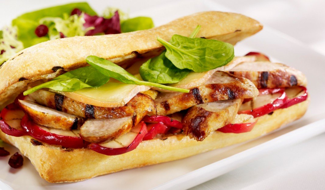 Grilled Ciabatta with Bratwurst sausages, caramelised apple and Oka cheese 